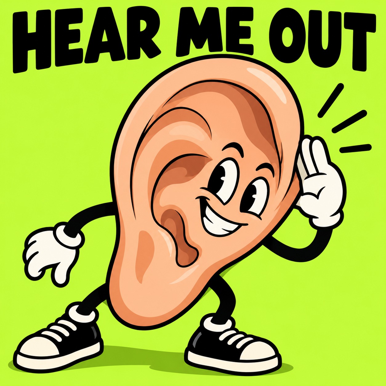 HEAR ME OUT — the smiling EARCOIN ear mascot on a bright lime background