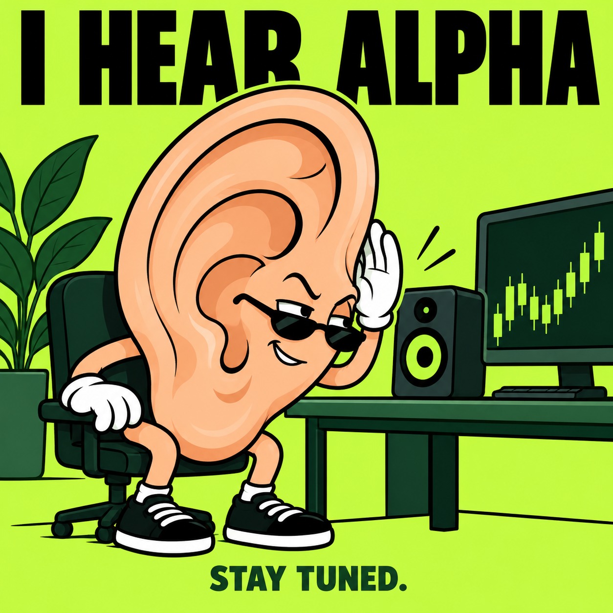 I HEAR ALPHA. STAY TUNED. The EARCOIN mascot listening beside a trading screen.
